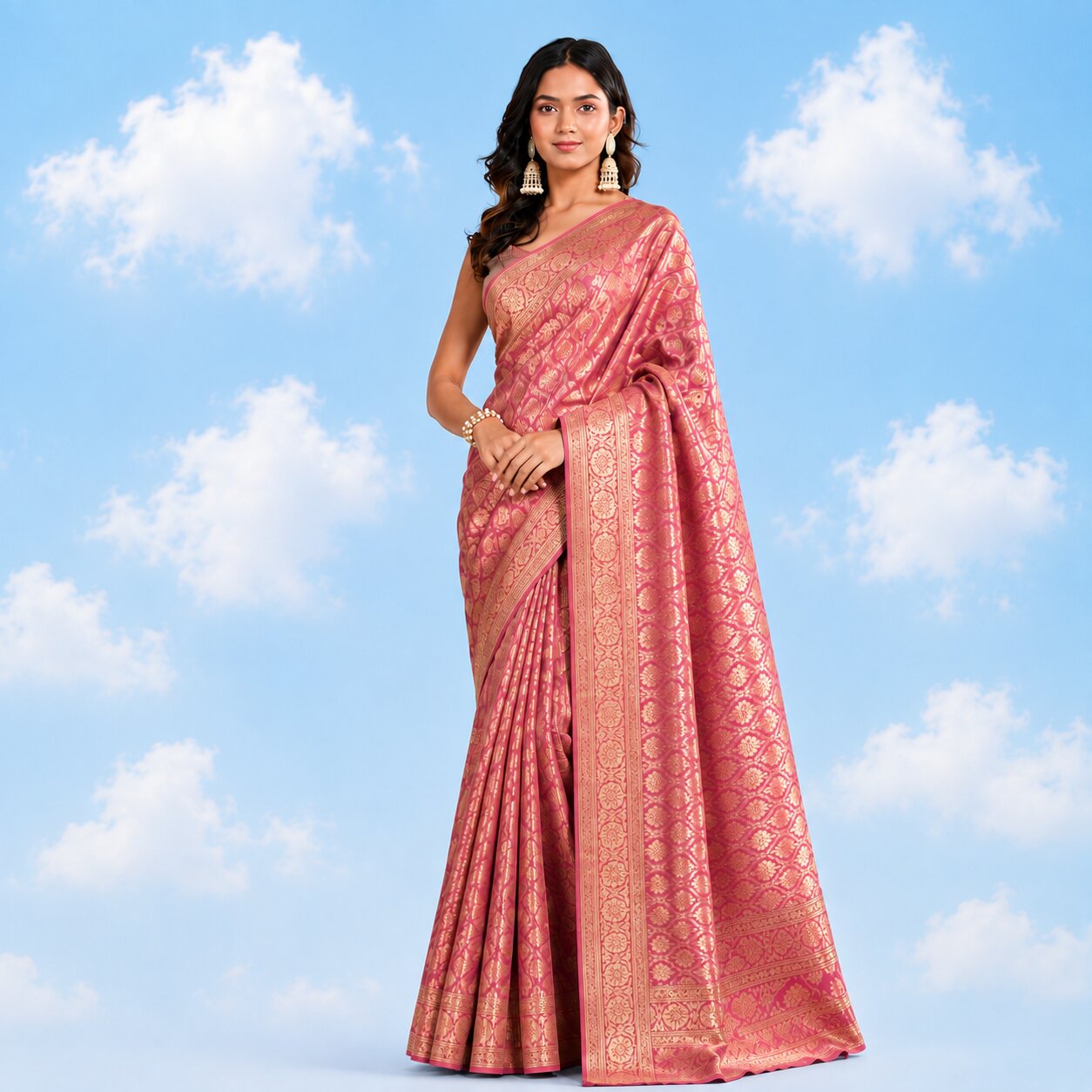 Model wearing a rose-pink Banarasi zari saree with intricate gold motifs